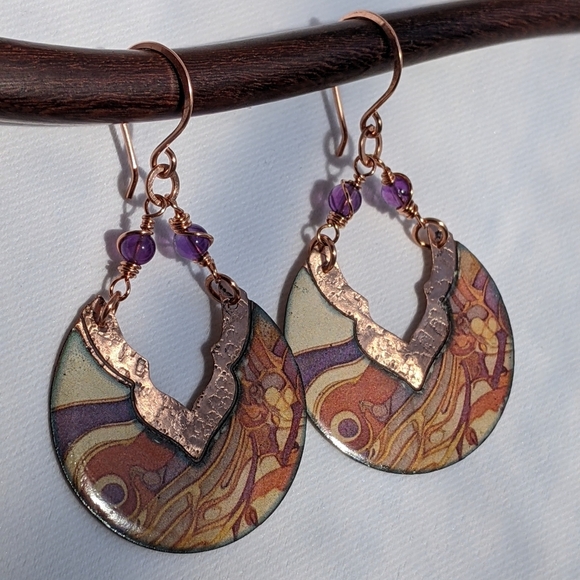 Artisan Enameled Copper Floral Earrings Wire Wrapped Amethyst Greenstones - Picture 1 of 15